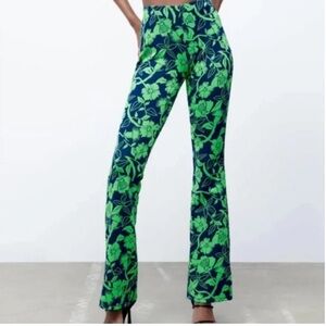 Zara High Waisted Jacquard Flare Pants Lime Green and Blue Size Small NWT